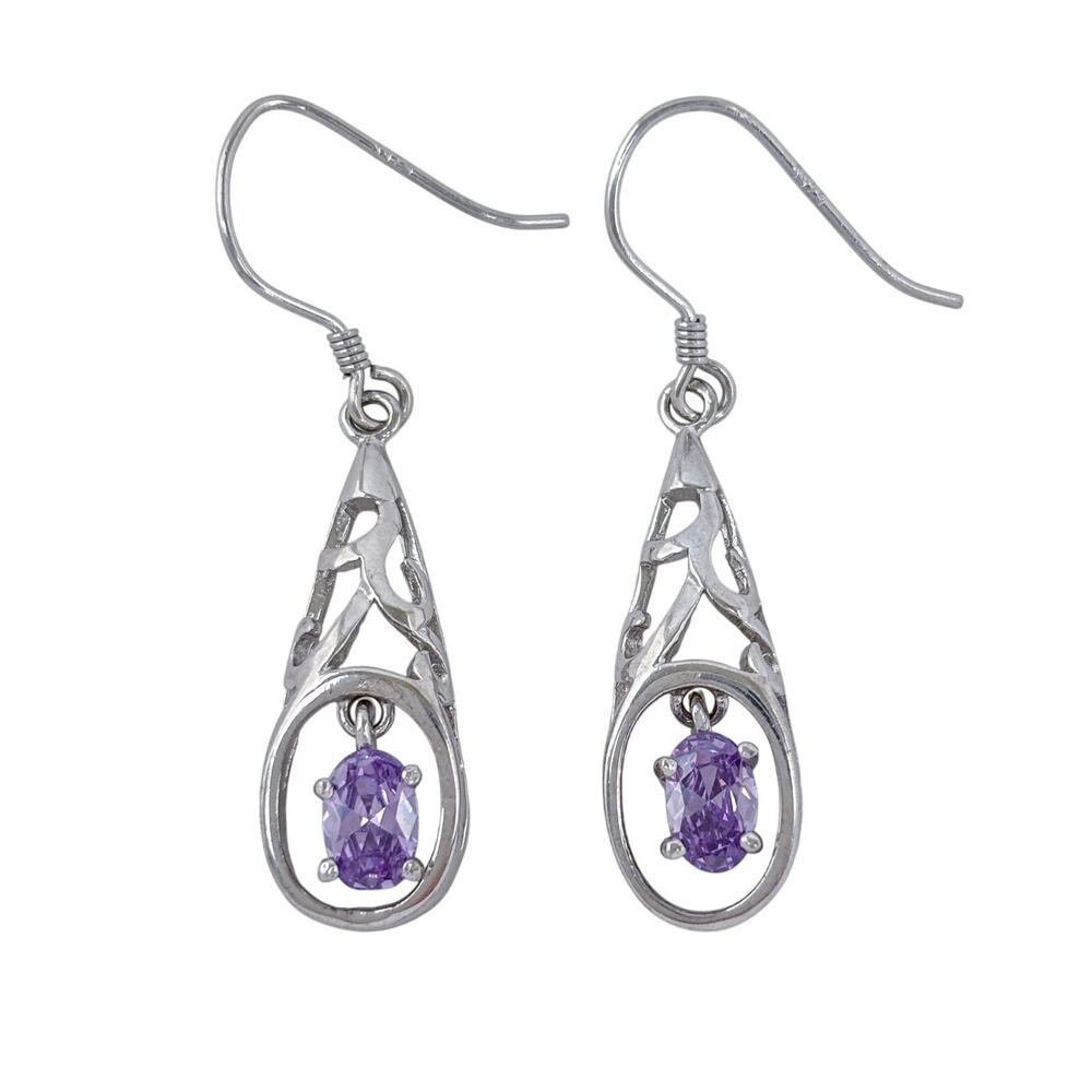Vintage Sterling Silver 925 Amethyst Filigree Dangle Earrings